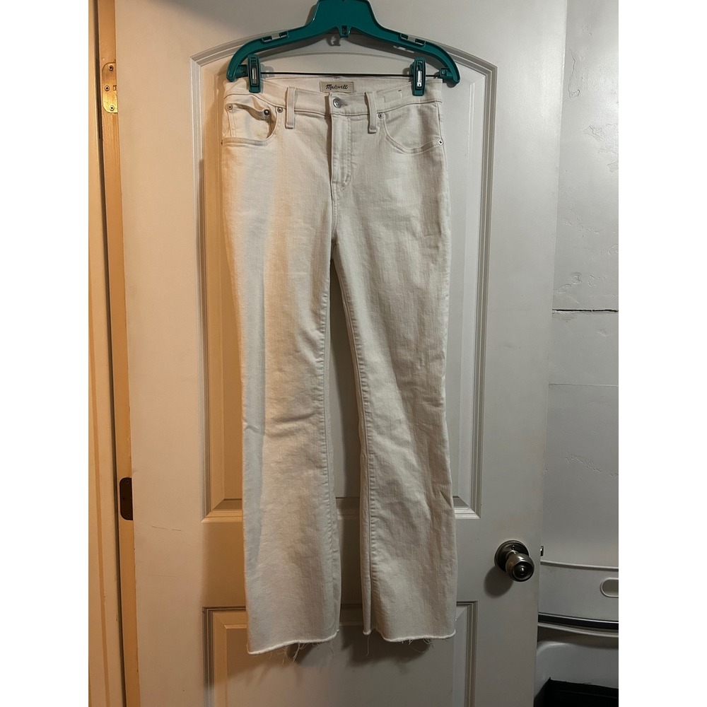 Madewell Kick Out Full-Length White High Rise Flare Jeans Raw Hem Side Slit 28